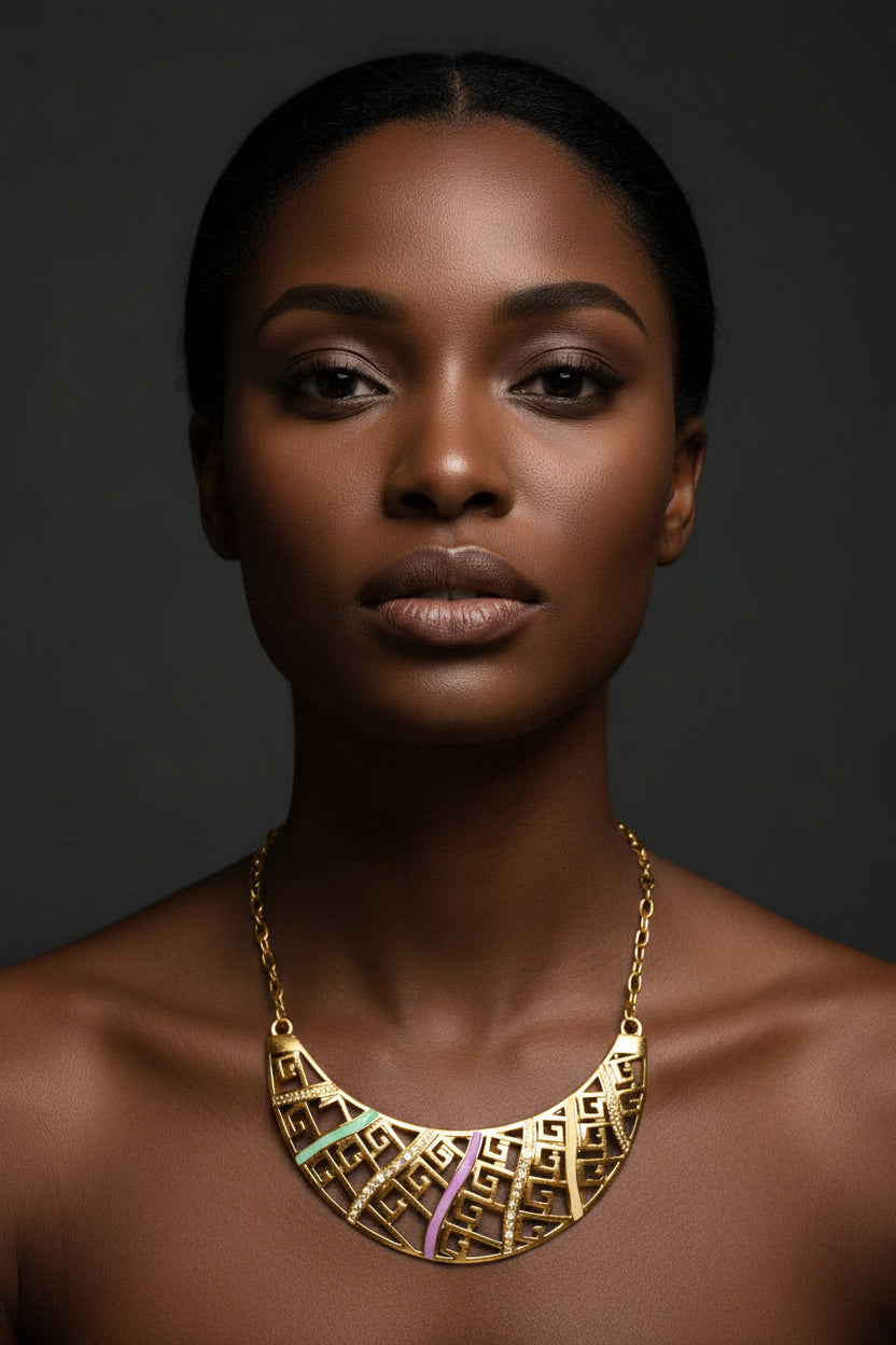 Gold-tone Geometric Bib Statement Necklace- Gold & Multi Colors