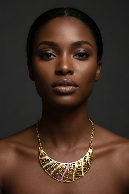 Gold-tone Geometric Bib Statement Necklace- Gold & Multi Colors
