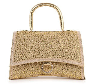 Rhinestone Accented Croc Embossed Hand Tote - Gold