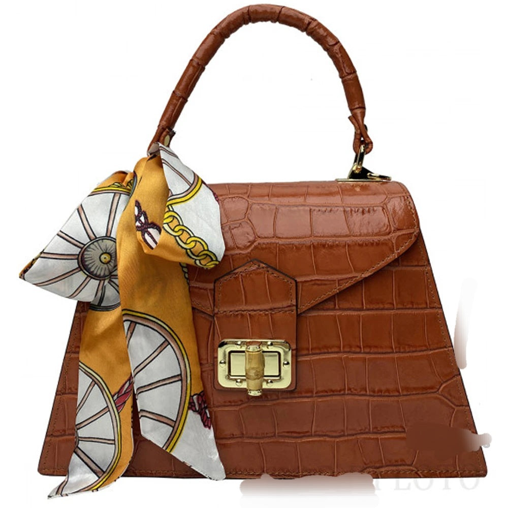 Genuine Italian Croc Embossed small Leather Handbag, color: Brown