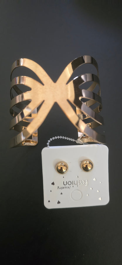 Aura Openwork Statement Cuff & Minimalist Ball Stud Earring & Bracelet set