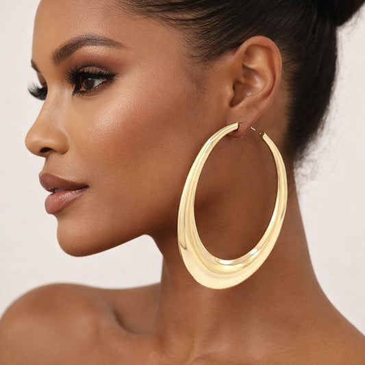 Oversized Metal Sculpted Oval Hoop Earrings - Gold