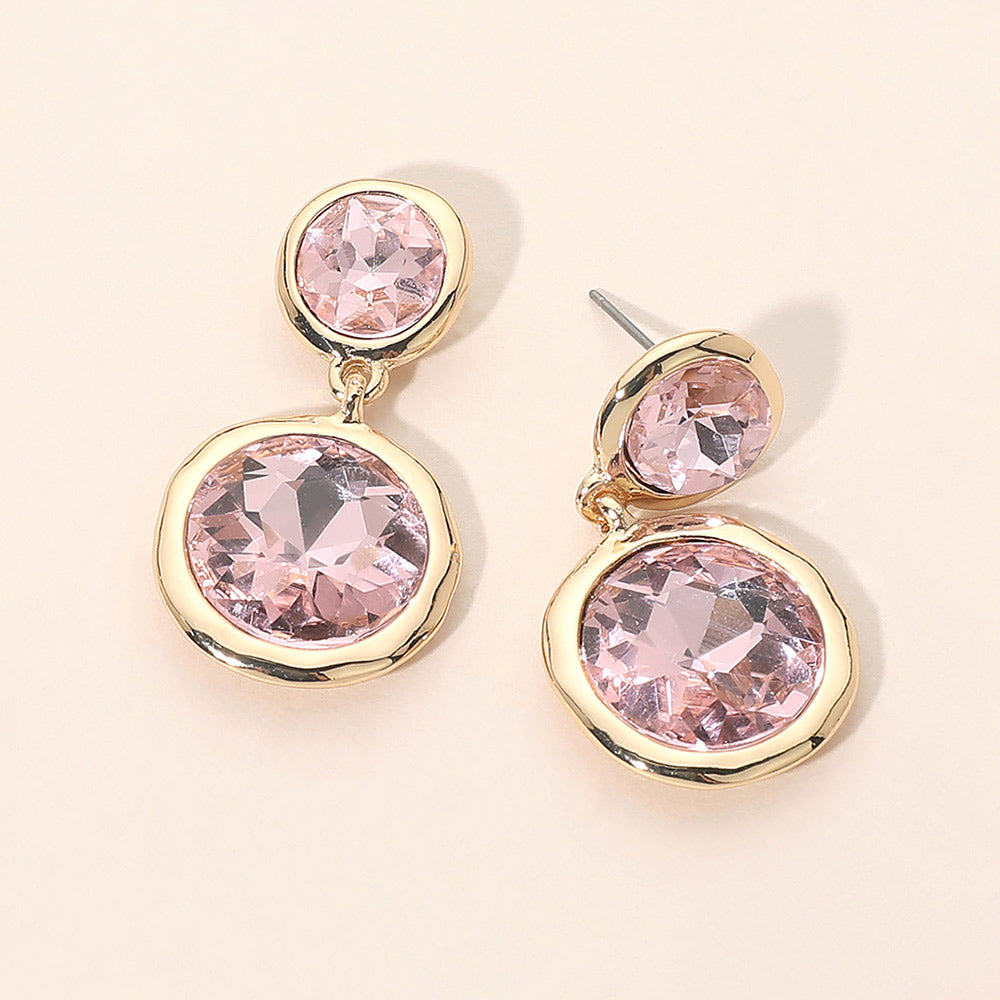 Dual Round Stone Drop Earrings-Pink