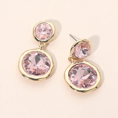 Dual Round Stone Drop Earrings-Pink