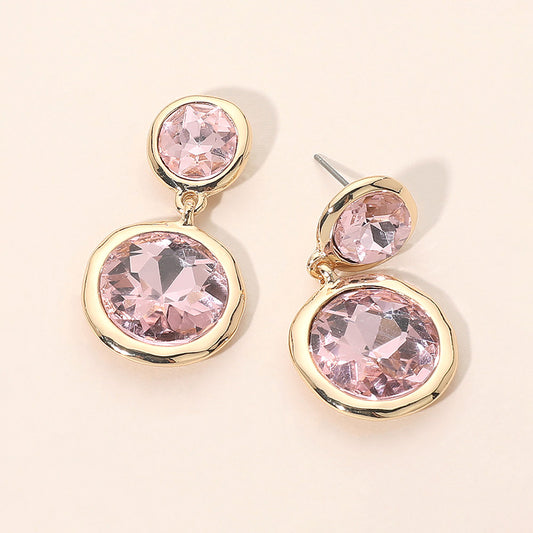 Dual Round Stone Drop Earrings-Pink