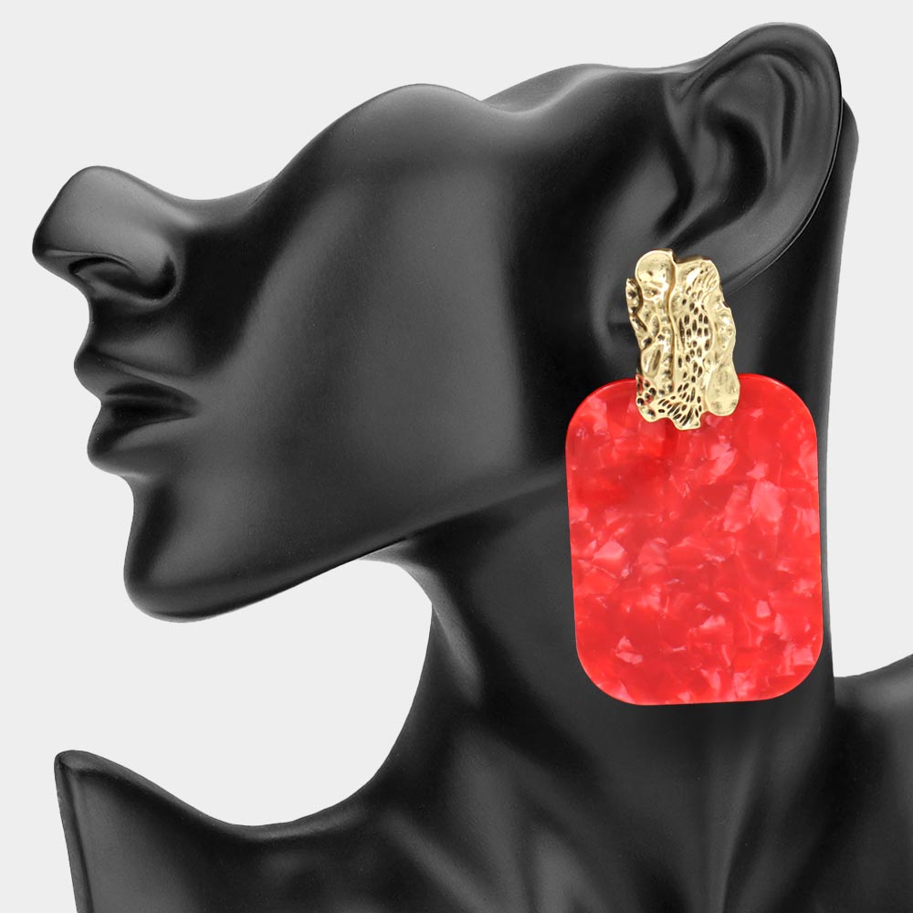 Oversized Geometric Rectangle Drop Earrings-Red & Gold