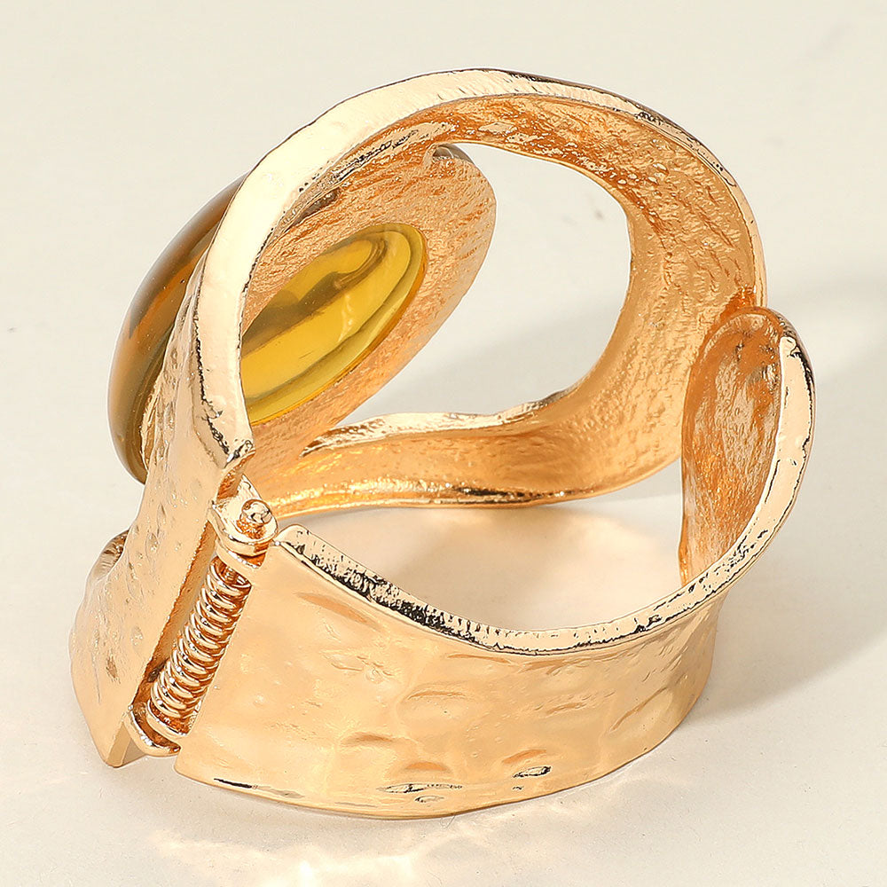 Bold Swirl Resin Stone Hammered Metal Hinged Bangle Bracelet - Red & Gold