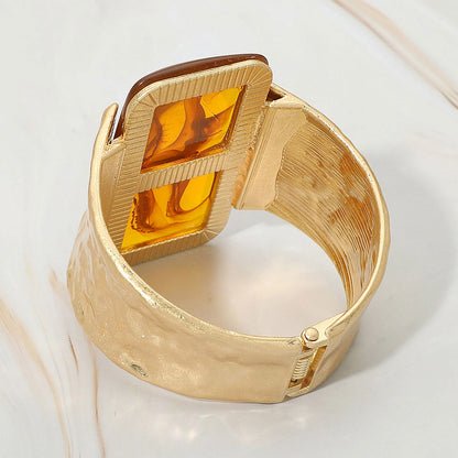 Bold Marbled Rectangular Resin Accent Hinged Statement Bangle Bracelet - Gold, Tortoise