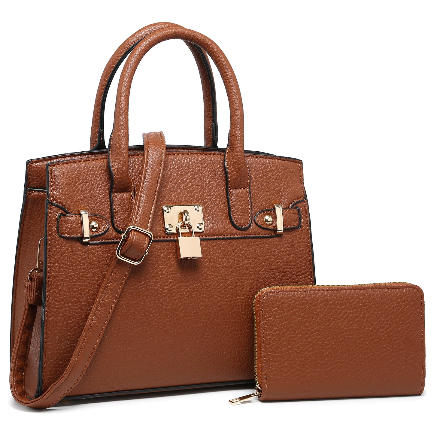 Classic Lock Satchel Handbag & Wallet Set – Cognac