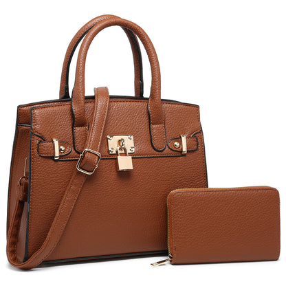 Classic Lock Satchel Handbag & Wallet Set – Cognac