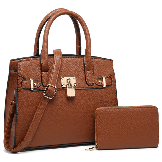 Classic Lock Satchel Handbag & Wallet Set – Cognac