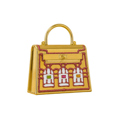 Rhinestone Embellished Structured Mini Crossbody Handbag - Fushia & Gold