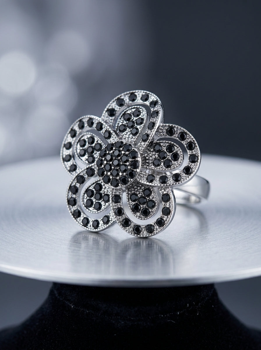 Vintage Black Pavé Floral Ring