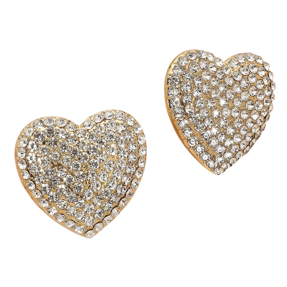 Bold Rhinestone Paved Heart Clip On Earrings - Crystal Clear