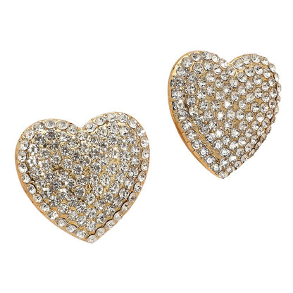Bold Rhinestone Paved Heart Clip On Earrings - Crystal Clear