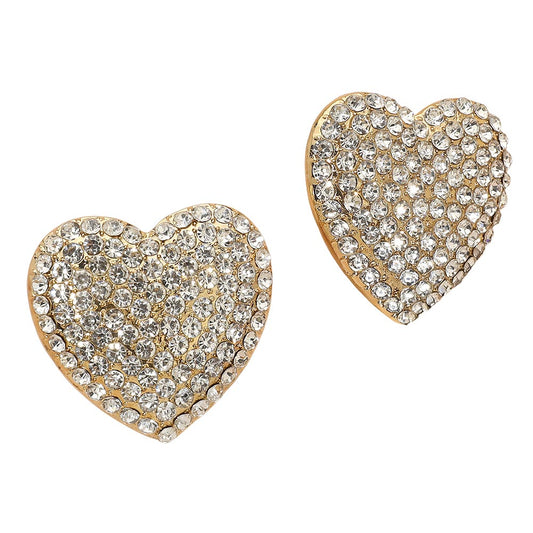 Bold Rhinestone Paved Heart Clip On Earrings - Crystal Clear