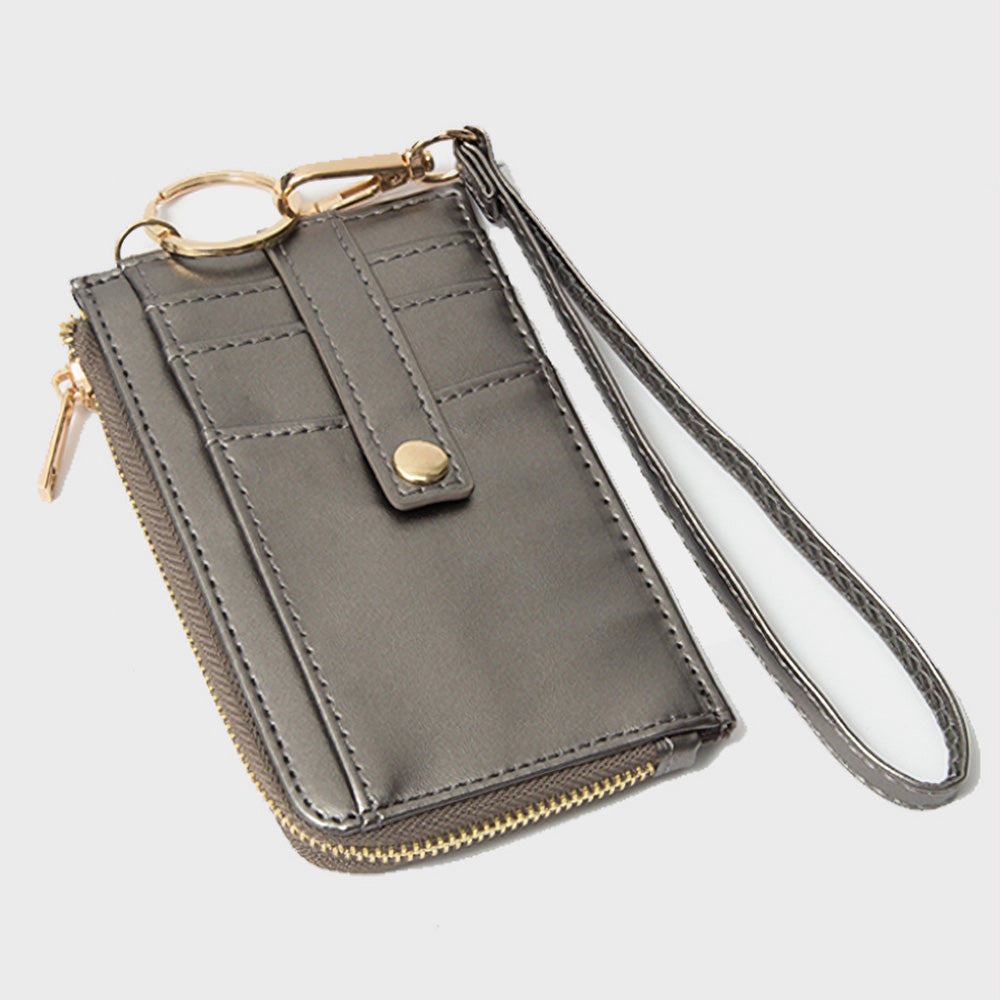 Faux Leather Basket Weave Flat Card Holder Wallet with Wristlet-Bronze
