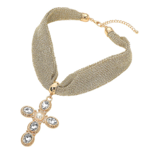 Pearl Center Oval Stone Embellished Cross Pendant Accent Mesh Chain Statement Necklace-Gold & Clear