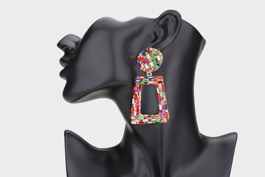 Stone Embellished Chunky Open Rectangle Dangle Evening Earrings