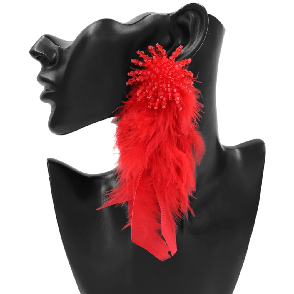 Bold Beaded Starburst Feather Drop Statement Earrings -Red