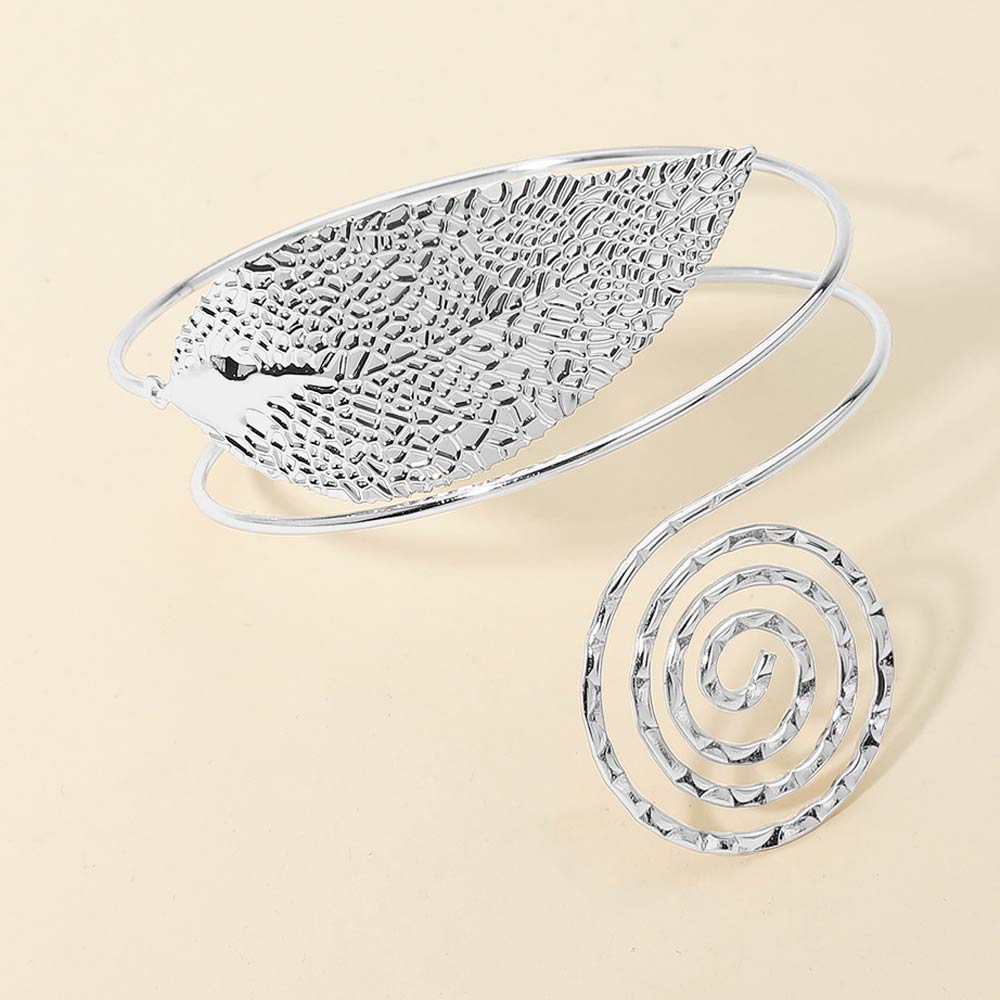 Textured Metal Leaf Spiral Wrap Arm Cuff Bracelet-Silver