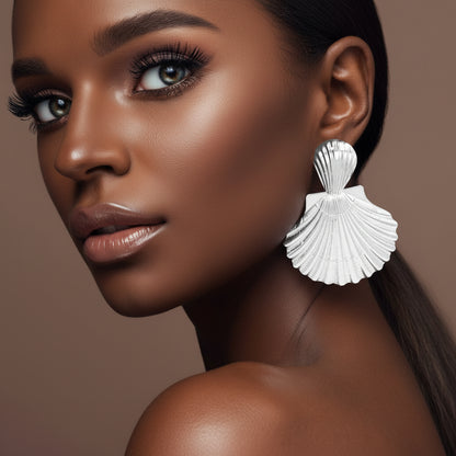 Bold Textured Metal Shell Statement Earrings - Silver