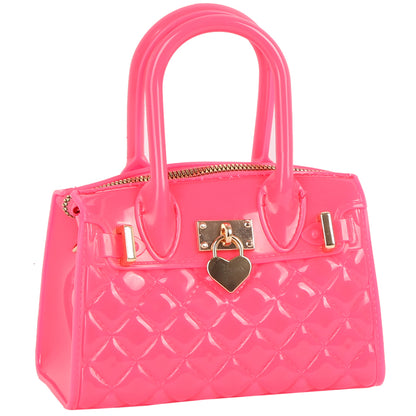 Heart Padlock Quilted Jelly Candy Satchel/Crossbody/Shoulder Bag-Fushia