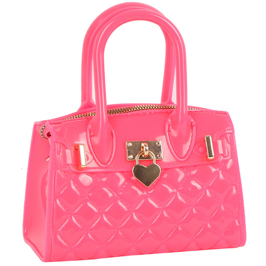 Heart Padlock Quilted Jelly Candy Satchel/Crossbody/Shoulder Bag-Fushia