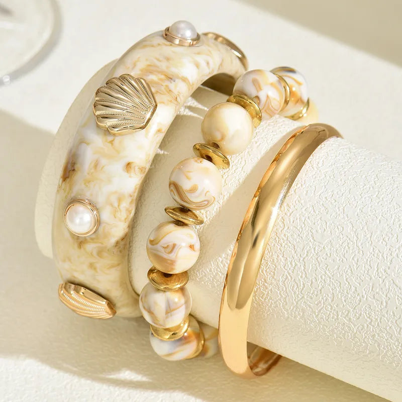 Bohemian White Resin Bangle Bracelet Set:Tan & Gold