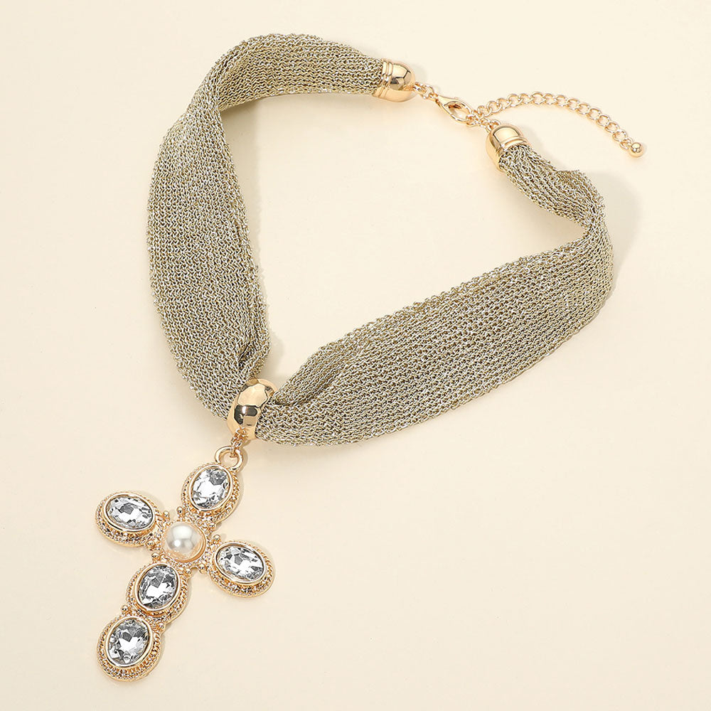 Pearl Center Oval Stone Embellished Cross Pendant Accent Mesh Chain Statement Necklace-Gold & Clear