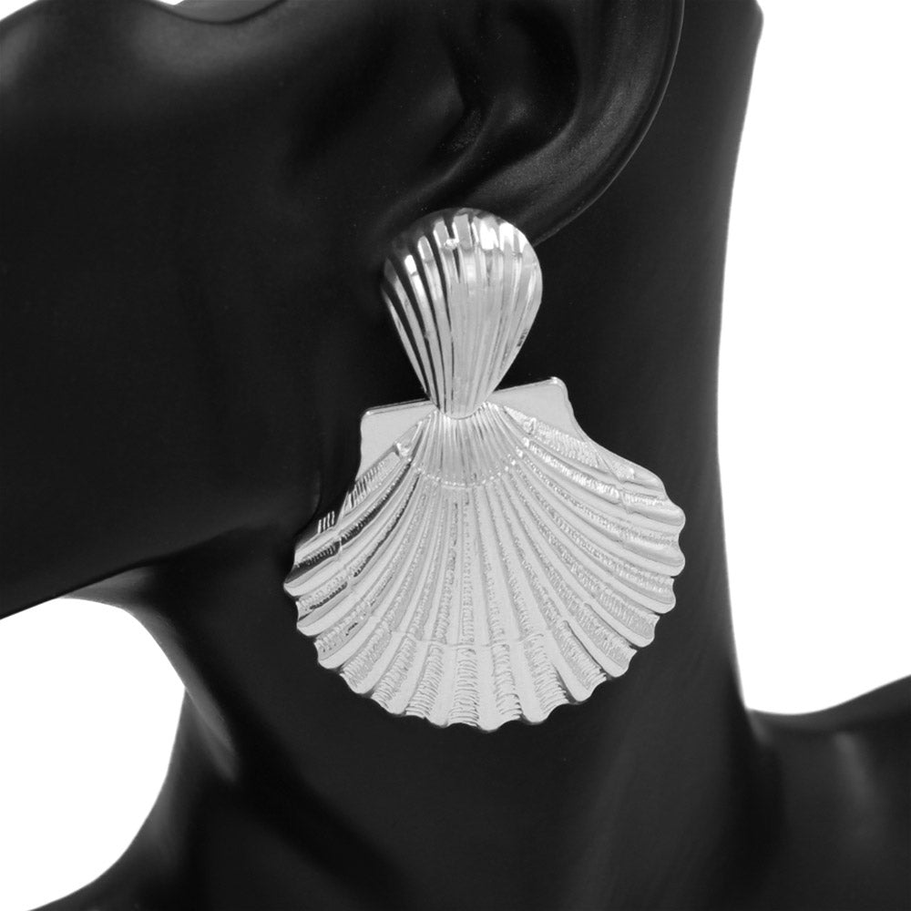 Bold Textured Metal Shell Statement Earrings - Silver
