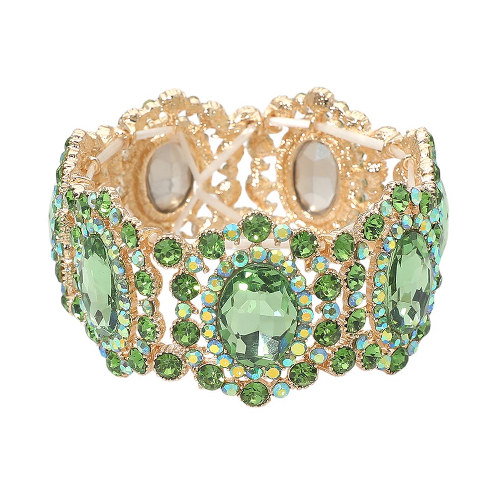 Oval Stone Accented Link Stretch Evening Bracelet - Green & Gold