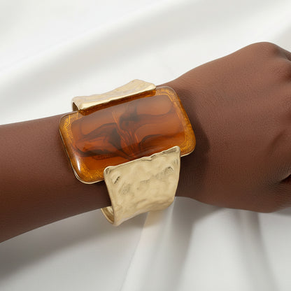 Bold Marbled Rectangular Resin Accent Hinged Statement Bangle Bracelet - Gold, Tortoise
