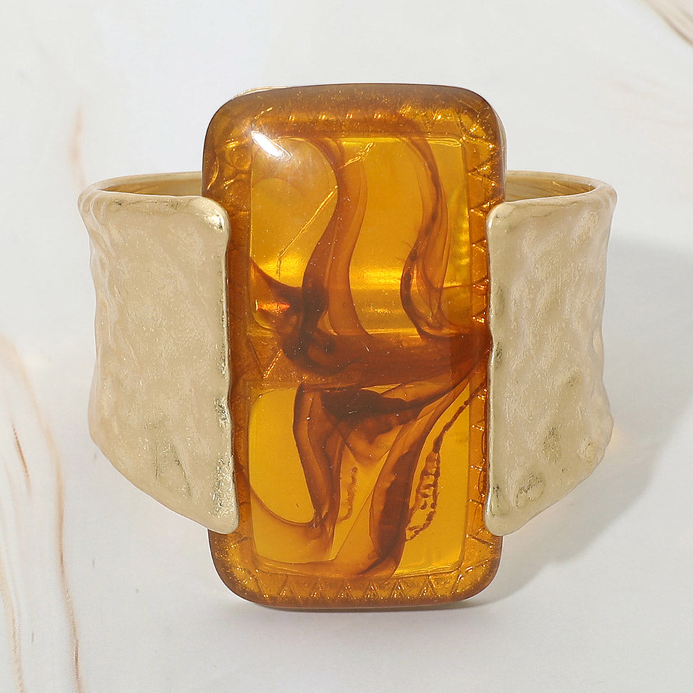 Bold Marbled Rectangular Resin Accent Hinged Statement Bangle Bracelet - Gold, Tortoise