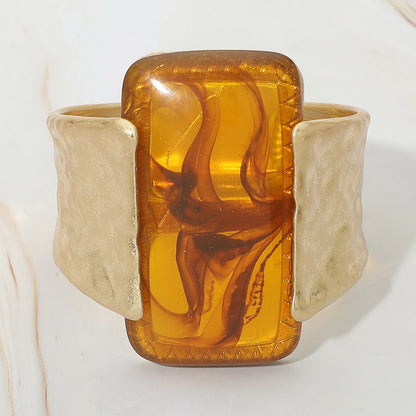 Bold Marbled Rectangular Resin Accent Hinged Statement Bangle Bracelet - Gold, Tortoise
