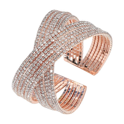 CZ Stone Paved Crisscross Evening Cuff Bracelet-Clear Rose Gold