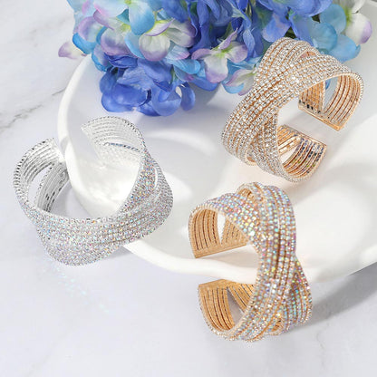 CZ Stone Paved Crisscross Evening Cuff Bracelet-Clear Rose Gold