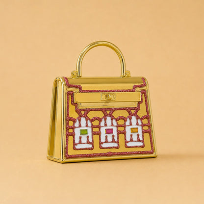 Rhinestone Embellished Structured Mini Crossbody Handbag - Fushia & Gold