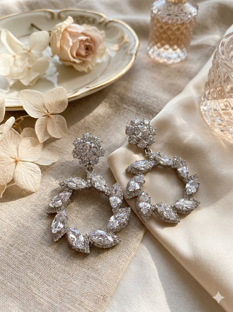 Marquise Statement Wreath Crystal Dangle Earrings-Silver Plated