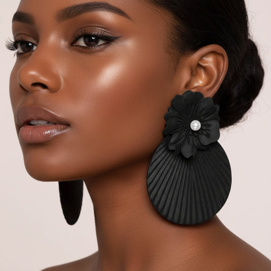Oversized Pearl Accent Textured Floral Fan Drop Statement Earrings- Black & Pearl