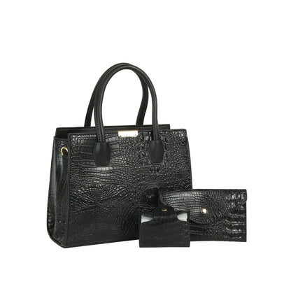 Crocodile Embossed Three Piece Tote Set- Black
