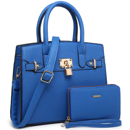 Fashion Padlock 2-in-1 Satchel/Shoulder Bag/Handbag Set-Blue