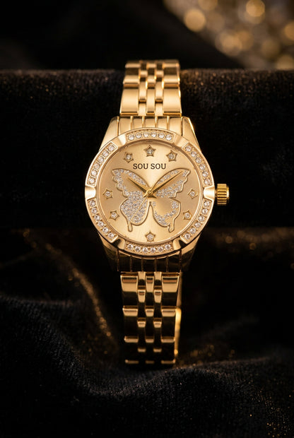 Monarch Radiance Crystal Butterfly Goldtone Link Watch