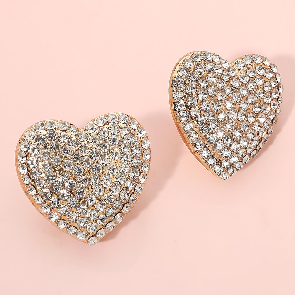 Bold Rhinestone Paved Heart Clip On Earrings - Crystal Clear