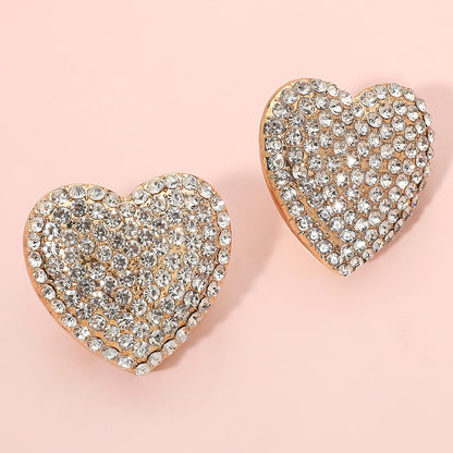 Bold Rhinestone Paved Heart Clip On Earrings - Crystal Clear