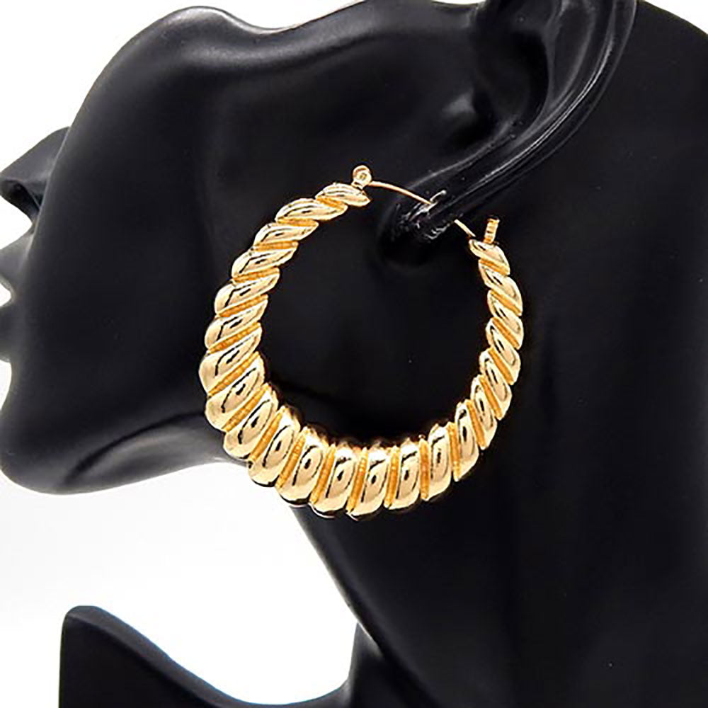 Chunky Metal Croissant Twisted Hoop Pin Catch Earrings - Gold