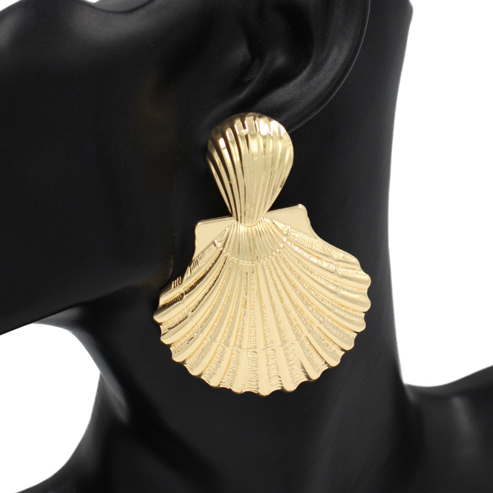 Bold Textured Metal Shell Statement Earrings - Gold