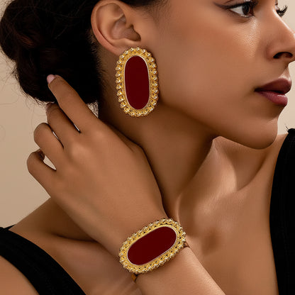 Oval Enamel Earrings and  Bracelet Set: Maroon