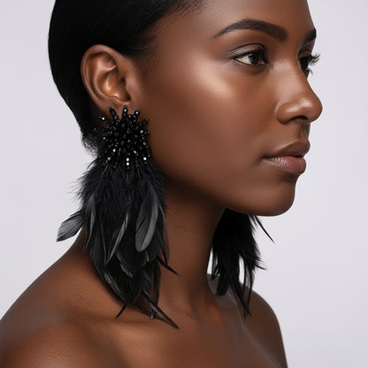 Bold Beaded Starburst Feather Drop Statement Earrings - Black