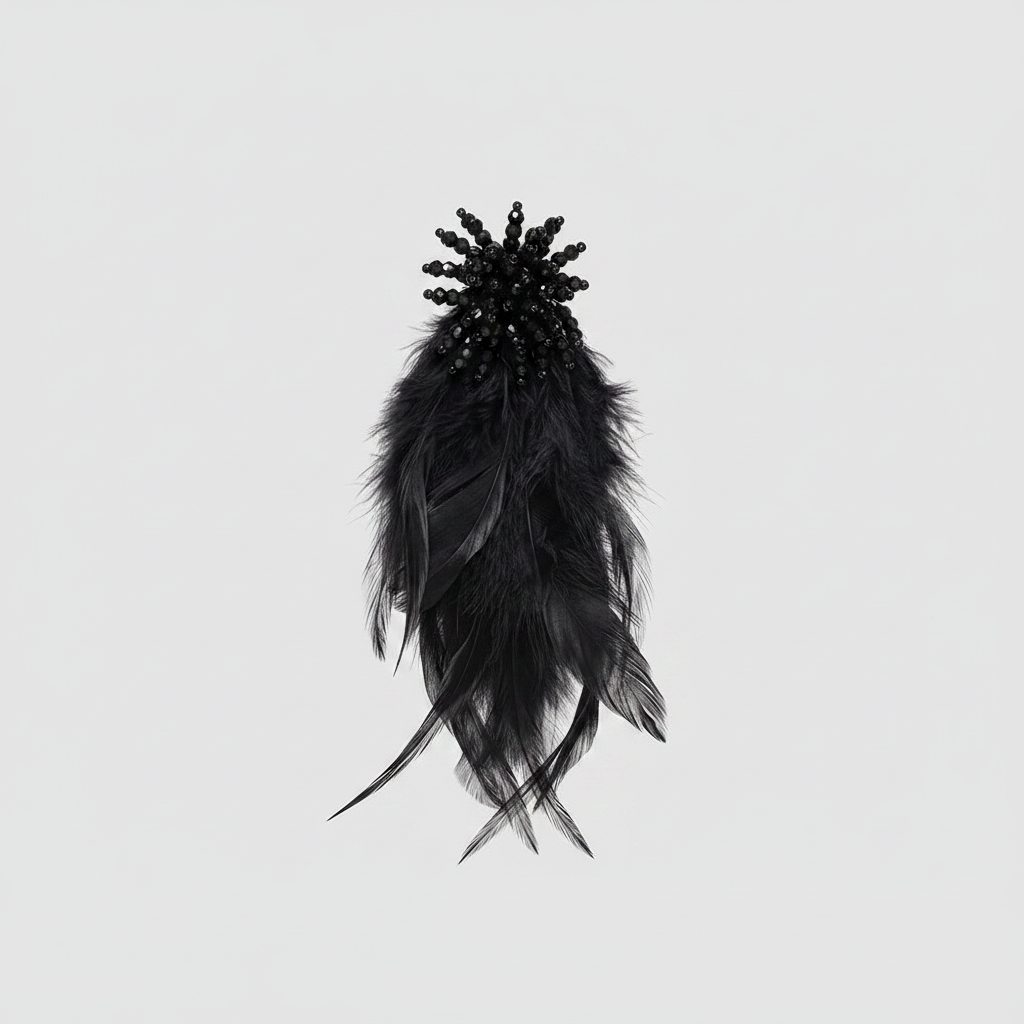 Bold Beaded Starburst Feather Drop Statement Earrings - Black